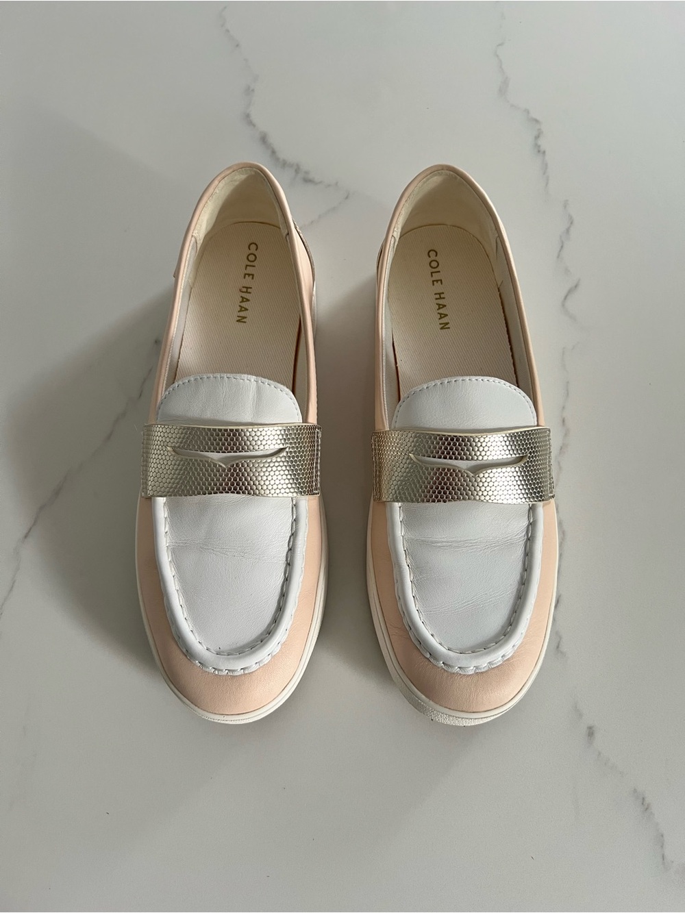 Cole Haan White and Cream Leather Loafers with Metallic Accent